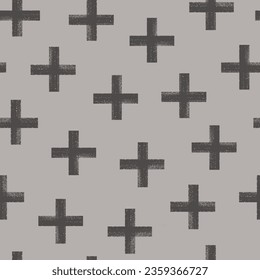 Bold brush drawn irregular pluses pattern. Seamless abstract geometric grunge background. Trendy modern contemporary design on grey.