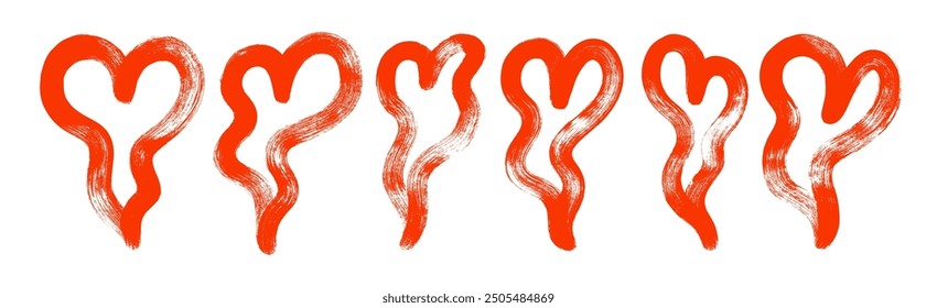 Bold brush drawn red melt hearts collection. Various hand drawn thick liquid heart shapes. Scribble doodle set for weddings. Sketch love icon symbols. Vector retro illustration for Valentine's day.