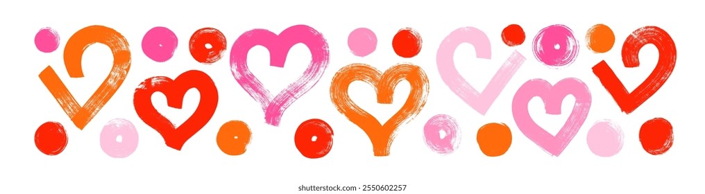 Bold brush drawn red and pink hearts with dots. Hand drawn grunge geometric heart shapes isolated on white background. Love romantic vector elements with grunge dry brush texture.