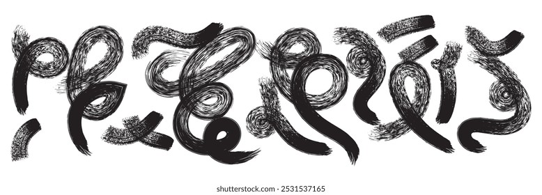 Fette Pinsel gezeichnet Spiralen und squiggles Sammlung mit funky geometrische Elemente. Primitive geometrische Formen und Figuren mit trockener rauer Textur. Punk- oder Grunge-Stil verschiedene bunte Vektorsymbole.