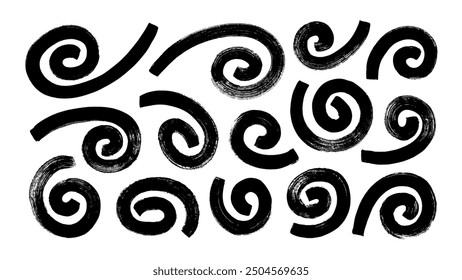 Bold brush drawn spirals and swirls. Hand drawn vector geometric circular elements. Dynamic abstract vector forms. Grunge swirled brush stroke, curly thick lines. Thick geometric swirls.