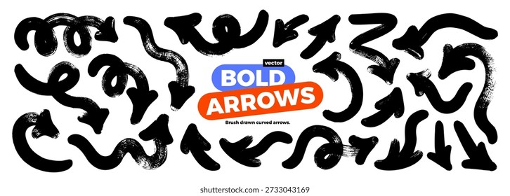 Bold brush drawn squiggle and wavy organic arrows. Hand drawn vector squiggle thick lines, curly brush strokes, direction pointer. Arrow up, down, left and right. Doodle thick curved design elements.