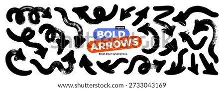Bold brush drawn squiggle and wavy organic arrows. Hand drawn vector squiggle thick lines, curly brush strokes, direction pointer. Arrow up, down, left and right. Doodle thick curved design elements.