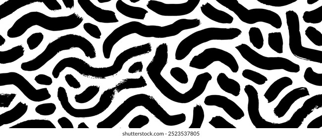 Bold brush drawn squiggles seamless pattern. Doodle thick lines and dots. Simple party confetti background. Hand drawn marker scribbles, curved and wavy lines. Abstract organic graphic wallpaper.