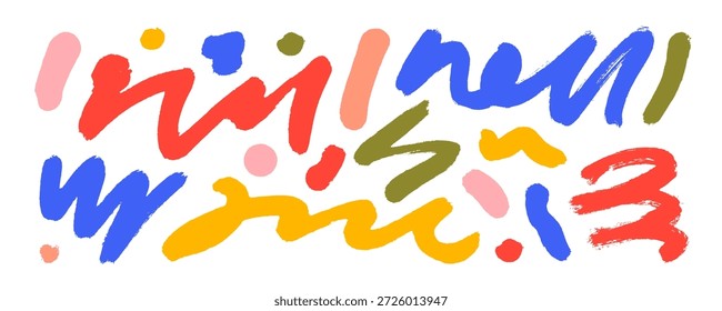 Pincel audaz dibujado con trazos ondulados, líneas curvas y puntos coloridos y funky. Elementos de Vector de tinta Abstractas, líneas gruesas de doodle. Pincel dibujado grunge pop trazos orgánicos. Graffiti audaz garabatea.