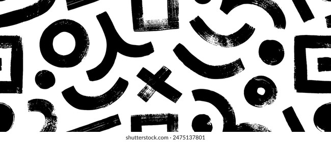 Bold brush drawn various geometric shapes seamless pattern. Curved thick lines, circles, squares and dots. Grunge style grafitti shapes. Vector trendy illustration with geometric figures.