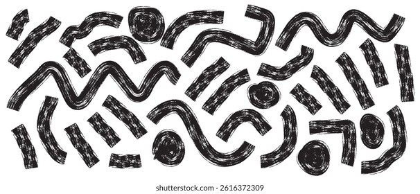 Bold brush drawn various geometric shapes and thick lines. Curved thick brush strokes, circles, squares and dots. Grunge style graffiti shapes. Vector illustration 