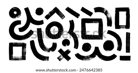 Bold brush drawn various geometric shapes and thick lines. Curved thick brush strokes, circles, squares and dots. Grunge style graffiti shapes. Vector trendy illustration with geometric figures.