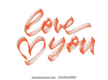 Bold brush drawn word Love you with heart. Hand drawn romantic phrase for Valentine's day. Red bold brush drawn lettering. Vector typography element for cards, posters, collages. Romantic phrase.