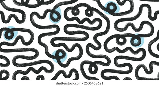 Bold brush geometric maze seamless pattern. Abstract textured ink lines, waves, curly squiggle motif.