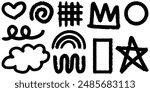 Bold brush Hand drawn doodle style collection of heart, scribble, star, crowns, spirals, rainbows, clouds, circles, and emphasis element. use for concept design.