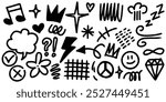 Bold brush Hand drawn doodle style collection of heart, scribble, star, check mark, spirals, flower, diamond, sparkles, leaves, wind, lightning, and emphasis element.