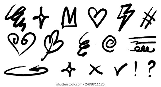 Bold brush Hand drawn doodle style collection of heart, scribble, star, crowns, spirals, sparkles, leaves, lightning, and emphasis element. use for concept design.