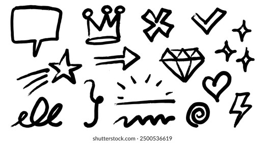 Bold brush Hand drawn doodle style collection of heart, scribble, star, check mark, spirals, sparkles, leaves, lightning, and emphasis element. use for concept design.