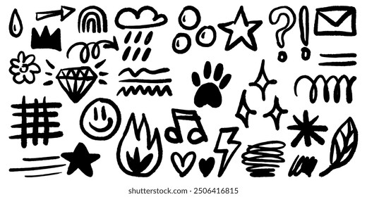 Colección de estilo doodle dibujado a mano del corazón, garabato, estrella, marca de verificación, espirales, flor, arco iris, diamante, destellos, hojas, fuego, rayo y elemento de énfasis.