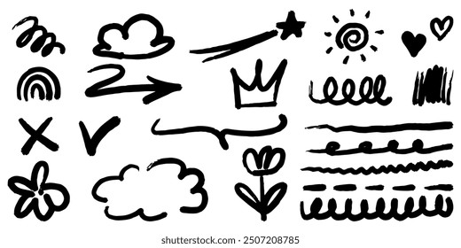 Bold brush Hand drawn doodle style collection of heart, scribble, star, check mark, arrow, spirals, sparkles, leaves, lightning, and emphasis element. use for concept design.