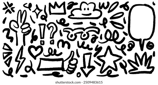 Bold brush Hand drawn doodle style collection of heart, scribble, star, check mark, spirals, sparkles, crown, lightning, and emphasis element. use for concept design.