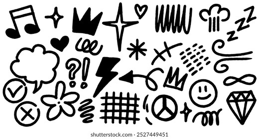 Bold brush Hand drawn doodle style collection of heart, scribble, star, check mark, spirals, flower, diamond, sparkles, leaves, wind, lightning, and emphasis element.