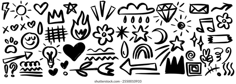 Bold brush Hand drawn doodle style collection of heart, scribble, star, check mark, spirals, sparkles, lightning, and emphasis element. use for concept design.