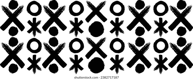 Bold brush hand drawn various geometric circles and objects ornament grunge style. Asterisk bold lines, circles, and rounded element	
