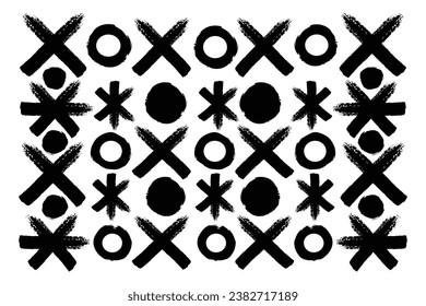 Bold brush hand drawn various geometric circles and objects ornament grunge style. Asterisk bold lines, circles, and rounded element	
