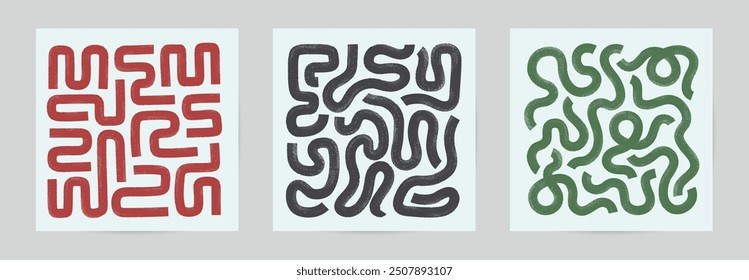 Bold brush line geometric maze patterned wall art, poster, banner. Abstract textured ink waves, labyrinth motif, squiggle