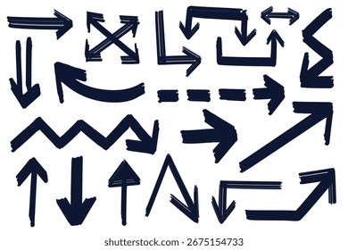 Bold brush or marker hand drawn arrows with rough scribbles icon set. Monochrome black grunge direction symbols on white board, thick straight and curved, dash line pointers vector illustration