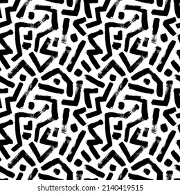 Fette Pinselgeraden Linien unregelmäßiger Labyrinth nahtloser Muster. Abstrakter geometrischer Hintergrund mit schwarzen Pinselstrichen. Handgezeichnete Vektorlinien mit Scrapie. Geometrisches Grunge-Labyrinth