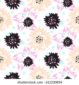 Bold brush strokes floral vector seamless pattern. Rough white background with peach blush flowers.
