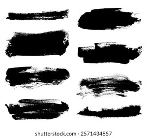 Bold Brush Strokes Vector Set. Grunge Rectangle Big Paintbrush Texture Set. Hand draw thick brush lines for highlight and underline. Black ink brush strokes