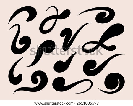 Bold Brush Swirl and Flourish Stroke. A collection of 13 bold black brush swirl elements with dynamic curves and elegant flourishes for calligraphy accents and modern layouts
