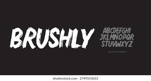 Bold brush textured font alphabet, hand drawn strokes, modern uppercase letters, dynamic and creative look for posters, branding, or artistic projects.