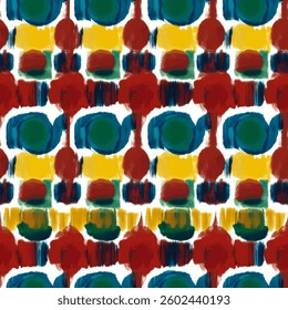 Bold brushstrokes red, yellow, green, and blue circles and squares on a white background, grunge lines ikat pattern, striped seamless pattern, Vector illustration background for print the paper.