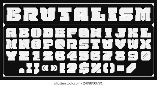 Bold brutal font, abstract geometric type and modern aesthetic typeface of english alphabet letters and numbers. Vector typography square block alphabet characters font, bold brutalist typeface set