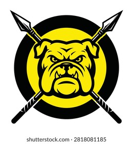 A bold bulldog head logo with menacing expression and crossed spears in a yellow and black circle, symbolizing strength and courage