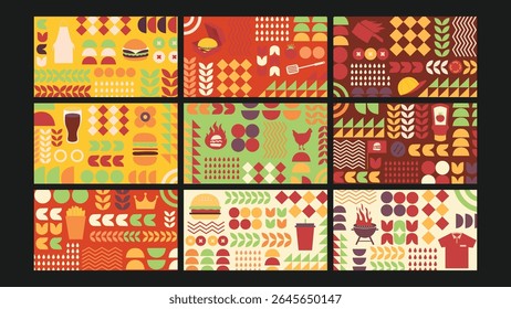 Bold burger themed illustration with grill icons, spatulas, hats, and graphic food elements in warm BBQ colors. Perfect for menus and culinary branding.