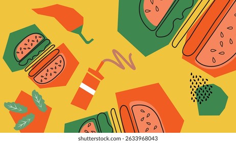 Bold burgers, ketchup, chili, and greens scattered on yellow. Great for modern burger ads, playful menu visuals, and street food content.