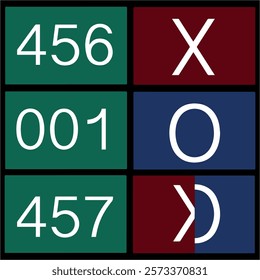 A bold business card design featuring large numbers (456, 001, 457) paired with abstract symbols (X, O, mirrored K) on a grid in green, maroon, and purple color blocks.