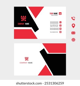 Bold business card design with red, black, white geometric elements. includes space for logo, contact info, and profession. Front and back back layout.