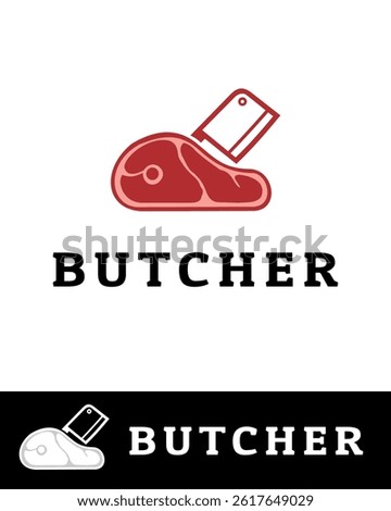 A bold butcher logo featuring a red meat cut and cleaver isolated on white