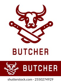 Um logotipo arrojado de açougueiro com uma cabeça de touro estilizada e cutelos cruzados, simbolizando força e tradição