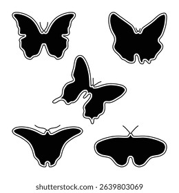 Bold Butterfly Silhouette Vector Set with White Outline, Perfect for Stickers, Prints, and Crafts.