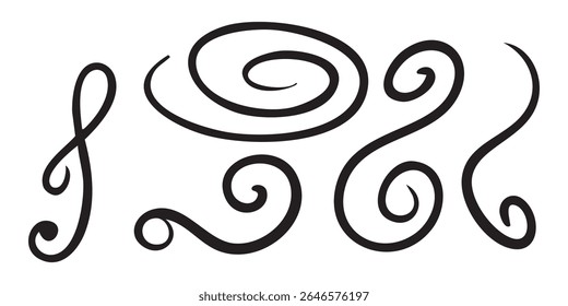 Bold calligraphic Curls, Curved lines for decorative design. Pack element for vintage, baroque Lettering. Set of Loops, curls for cursive text. Collection of hand-drawn Flourishes. Vector illustration