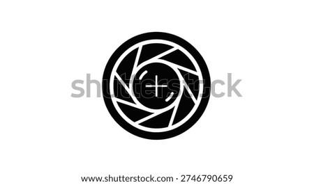 A bold camera aperture depicted as a black silhouette, showcasing a distinct, flat design style.