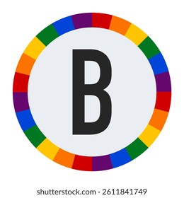 Bold Capital Letter B in Center of Colorful Circular Rainbow Border on Light Gray Background.