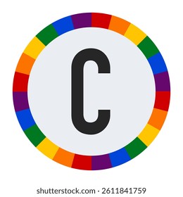 Bold Capital Letter C in Center of Colorful Circular Rainbow Border on Light Gray Background.