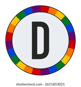Bold Capital Letter D in Center of Colorful Circular Rainbow Border on Light Gray Background, enclosed in a black frame.