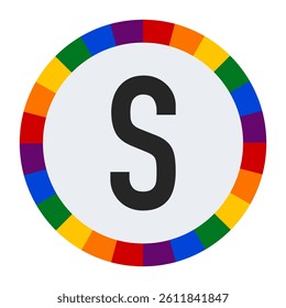 Bold Capital Letter S in Center of Colorful Circular Rainbow Border on Light Gray Background.