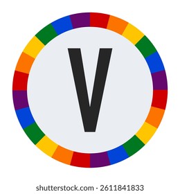 Bold Capital Letter V in Center of Colorful Circular Rainbow Border on Light Gray Background.