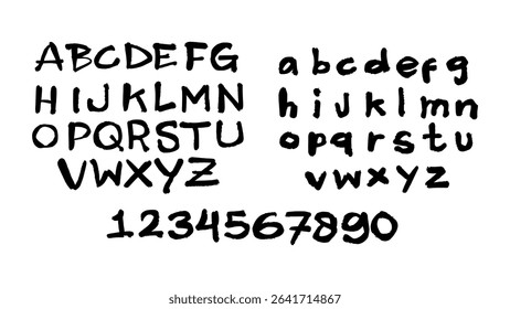 Bold capital letters A–Z and numbers hand-painted with black acrylic and rough brush strokes. Vector alphabet with artistic, grunge, and expressive design.